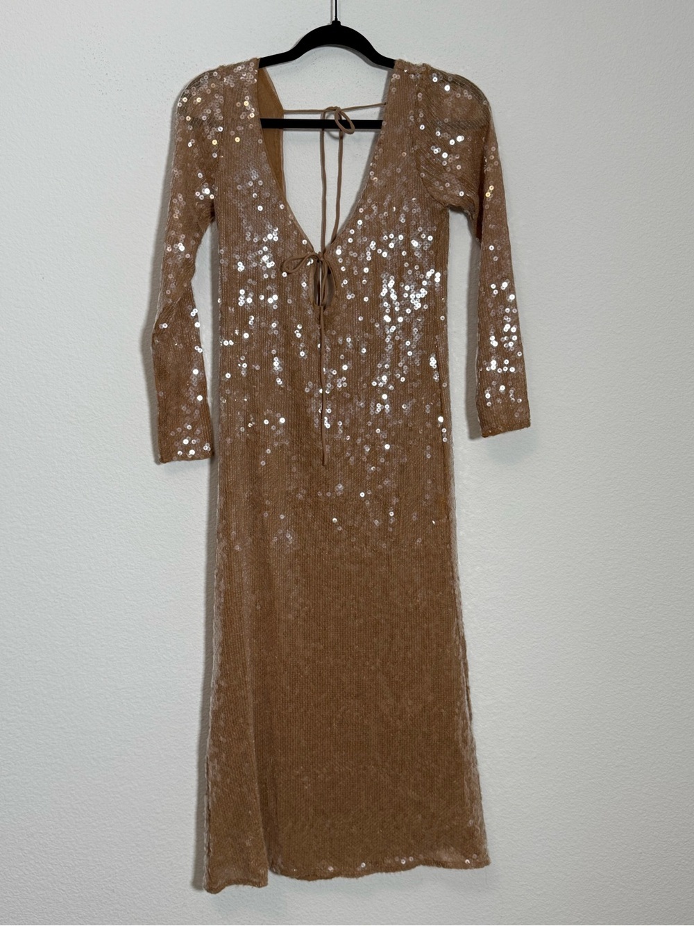 Bardot Sequin Maxi Dress Champagne Nude Open Back Glam Party Dress US 10